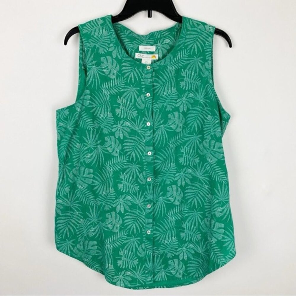 C&C California Green Leaf Print Linen Button Up Sleeveless Blouse Top Women L